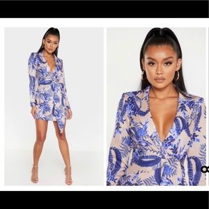 Nude Floral Wrap Blazer Dress